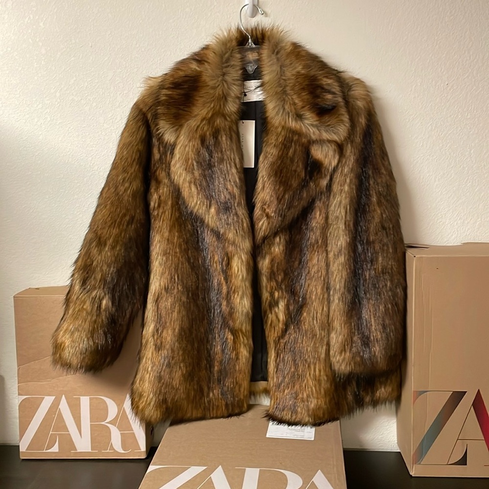 Zara Faux Fur Teddy Jacket in Rich Brown